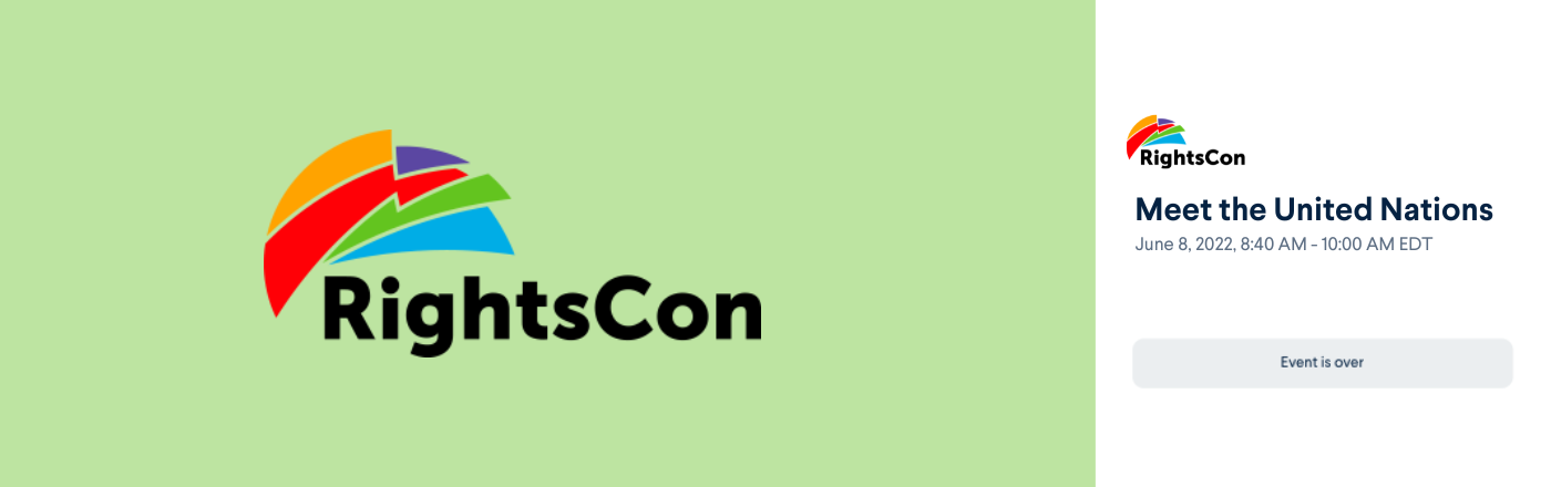 Colorful rightscon logo on bright green background